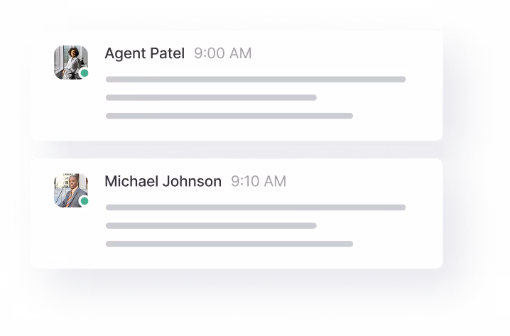 Chat-Oberfläche mit Nachrichten von Agent Patel um 9:00 Uhr und Michael Johnson um 9:10 Uhr mit Profilbildern und grünen Online-Statuspunkten.