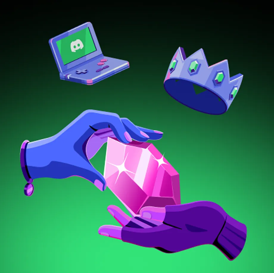 And More: Two stylized blue hands holding a glowing pink gem below a floating laptop and crown.
