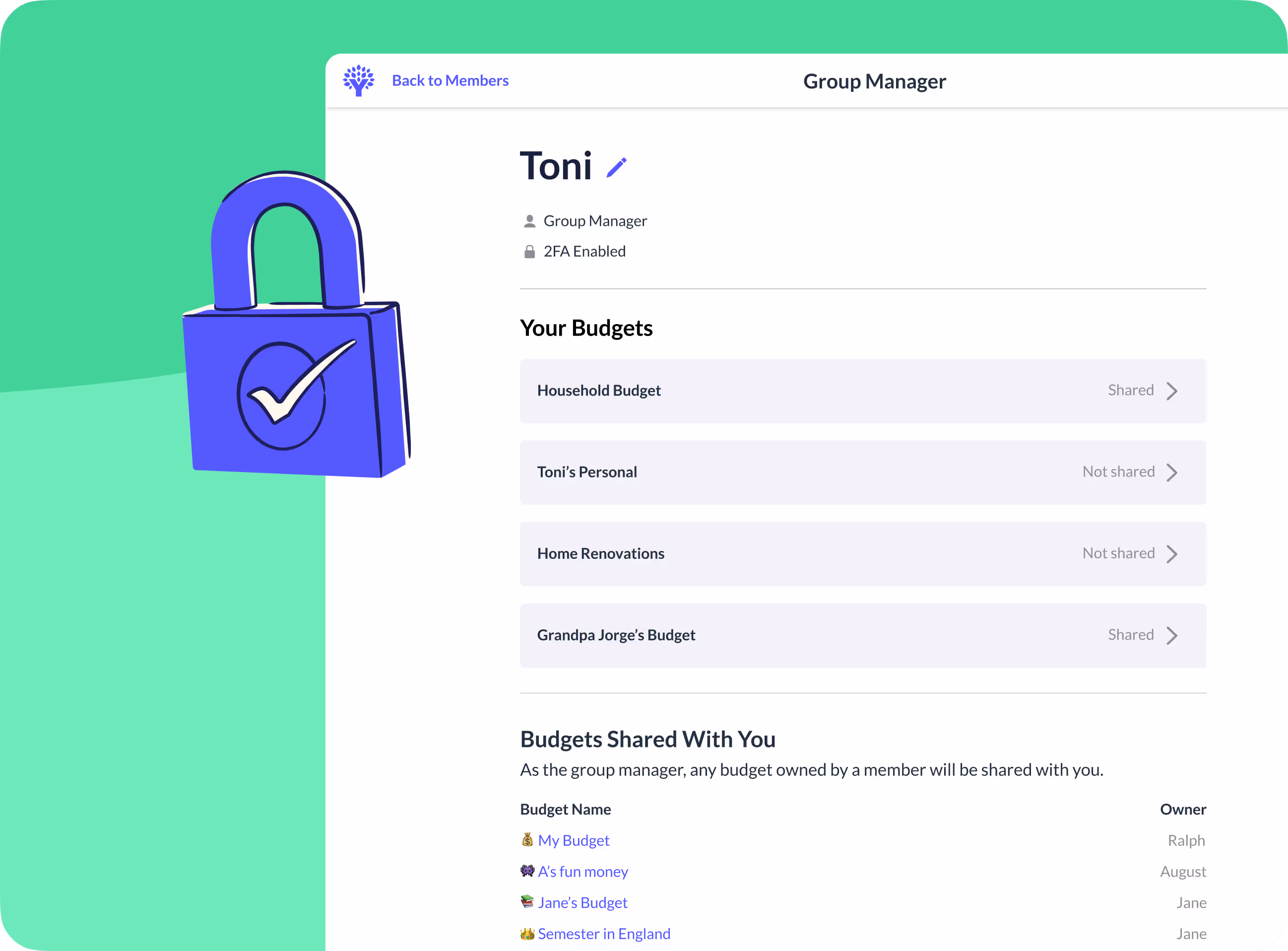 Group manager details page in the YNAB web app