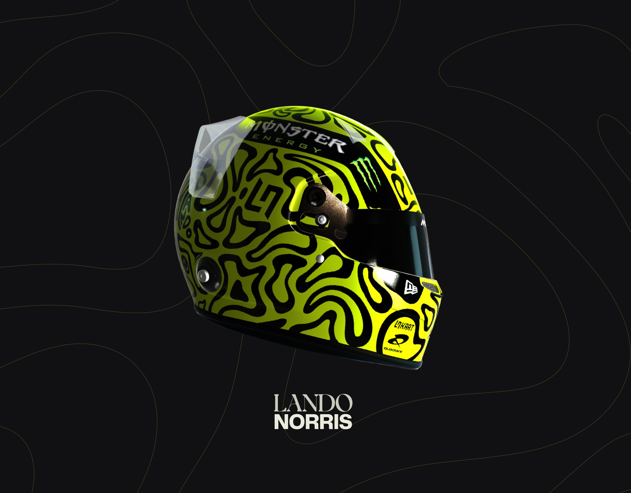 Bright yellow racing helmet with black abstract patterns and Monster Energy logo on a dark background with Lando Norris name below.
