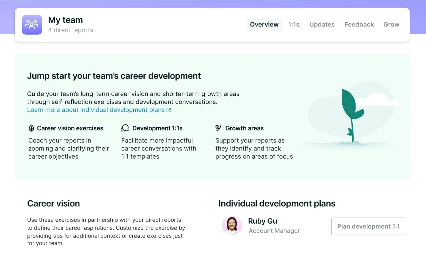 User interface of a team management tool showing career development options including career vision exercises, development 1:1s, and growth areas with an illustration of a growing plant.