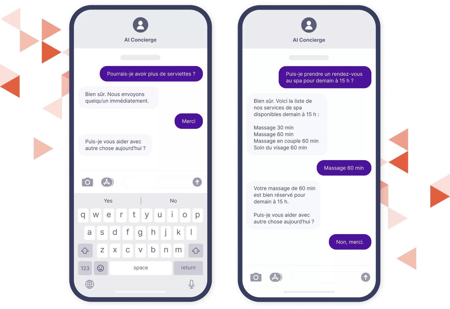 Mockup of two cell phones showing AI text exchange with Hotel Smart Concierge