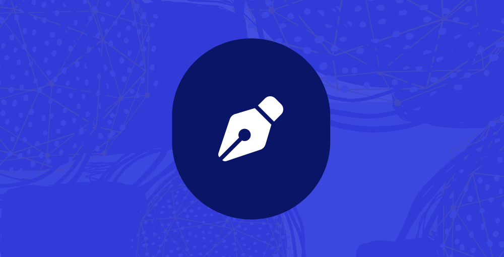 White fountain pen nib icon inside a dark blue rounded square on a blue abstract background.