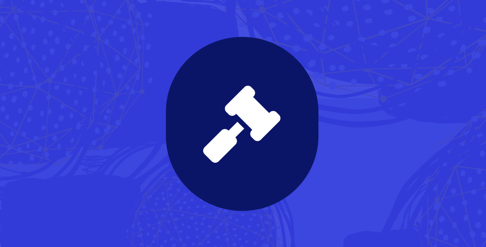 White gavel icon inside a dark blue circle on a blue abstract background.