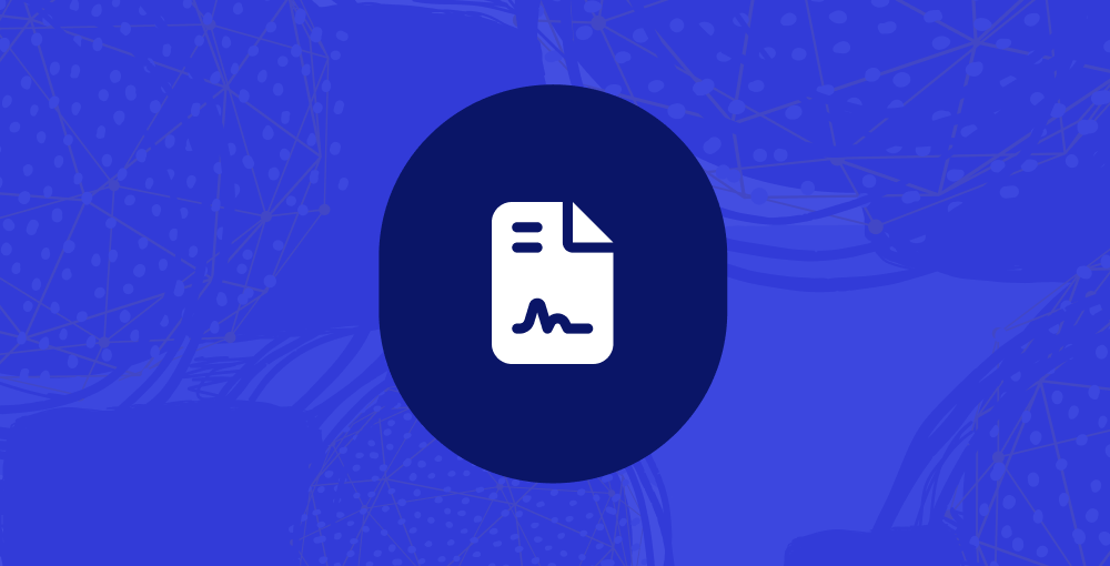 Icon of a document with an electronic signature on a dark blue circular background over a blue patterned backdrop.