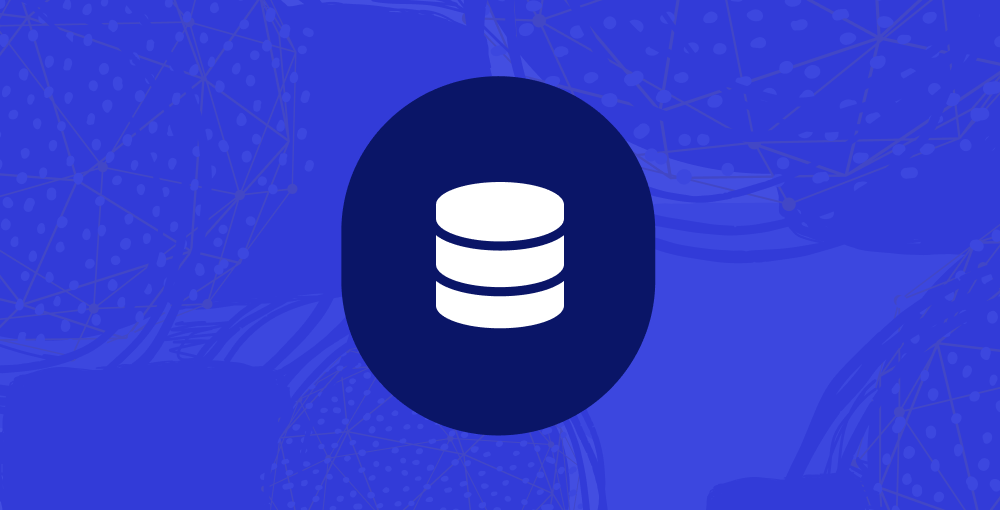 White database icon with three stacked cylindrical shapes inside a dark blue circular background on a bright blue patterned backdrop.
