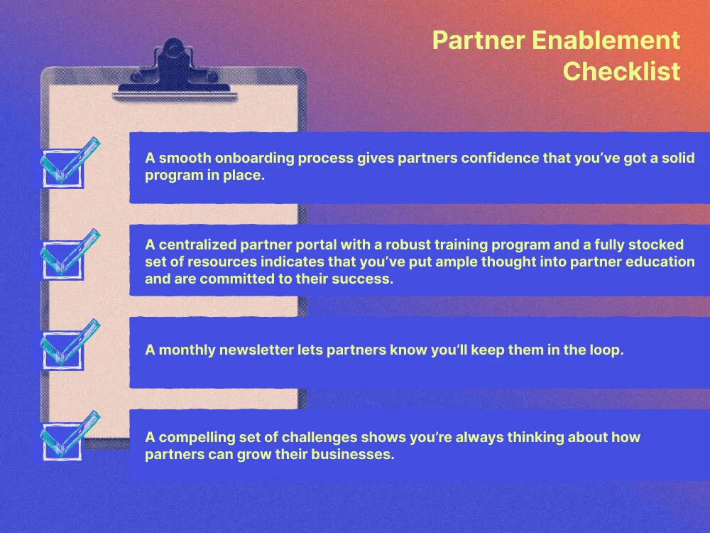 Partner Enablement Checklist with the following item: A smooth onboarding process gives partners confidence that you’ve got a solid program in place. A centralized partner portal with a robust training program and a fully stocked set of resources indicates that you’ve put ample thought into partner education and are committed to their success. A monthly newsletter lets partners know you’ll keep them in the loop. A compelling set of challenges shows you’re always thinking about how partners can grow their businesses.