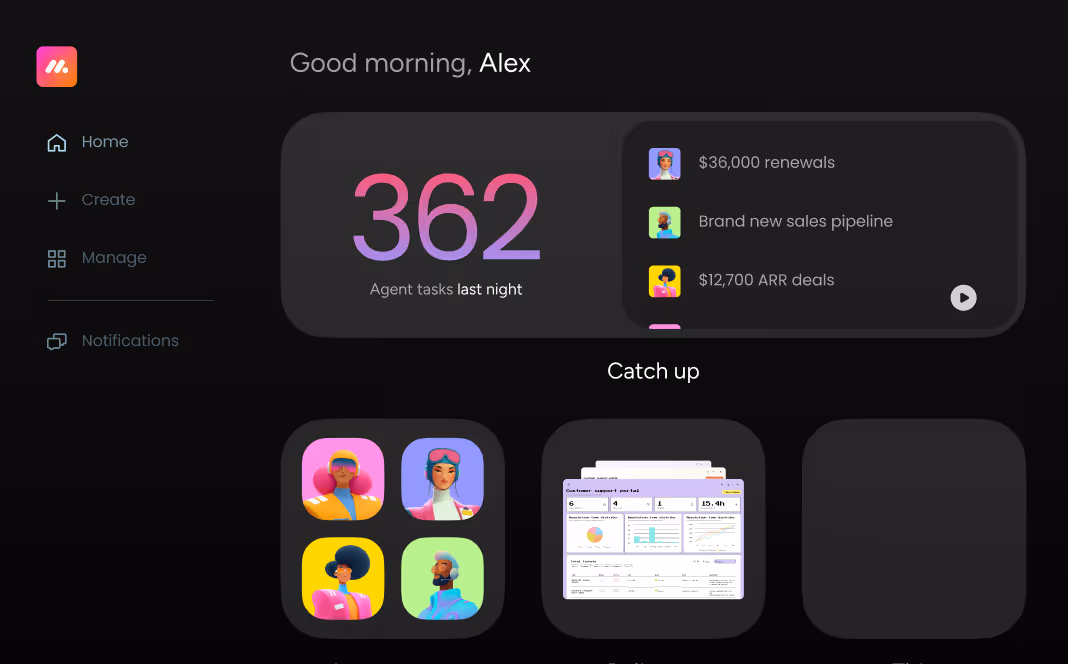 Dashboard greeting Alex showing 362 agent tasks last night with sales updates and team avatars.
