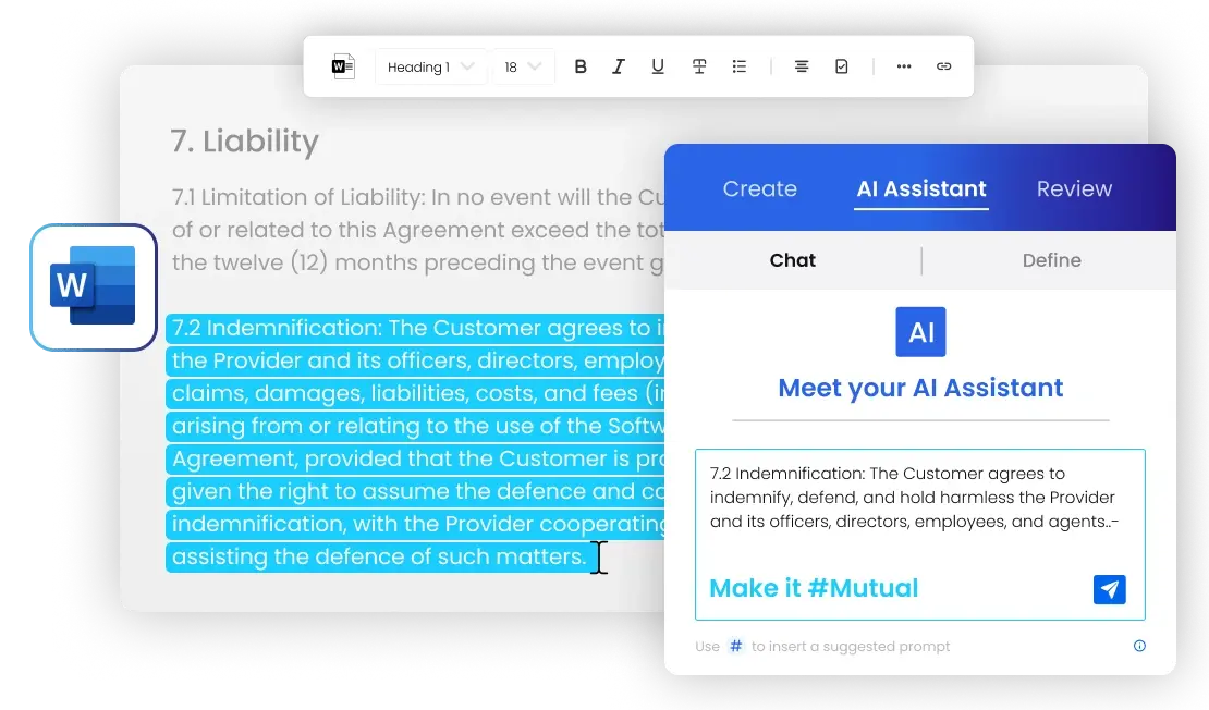 Summize AI contract management functionality and UI in Microsoft Word.