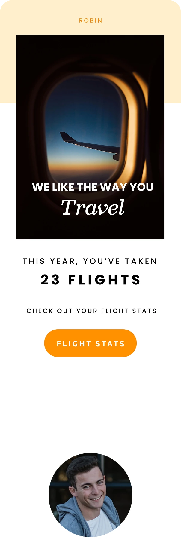 View from airplane window at sunset showing the wing, with text overlay about taking 23 flights this year and a smiling young man below.