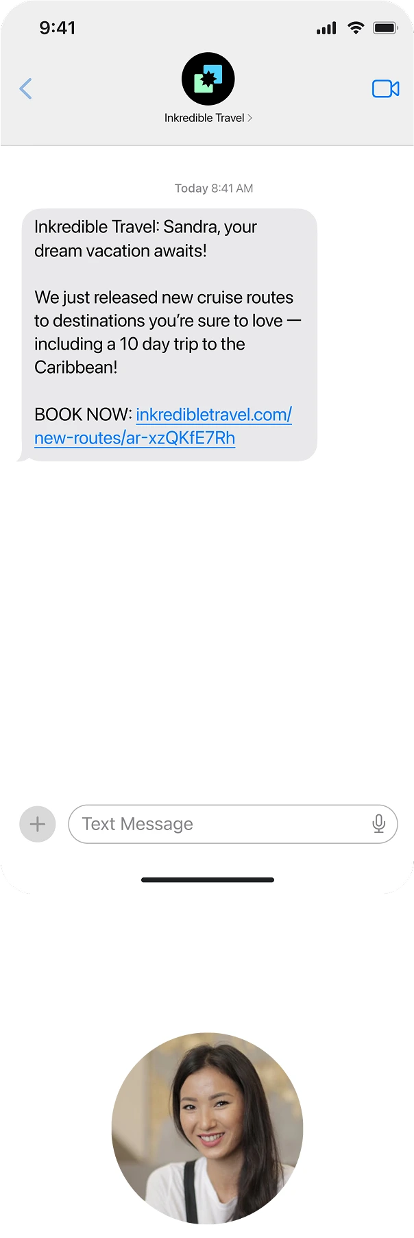 Smartphone screen showing a text message from Inkredible Travel promoting new cruise routes including a 10-day Caribbean trip, with a smiling woman’s profile picture below.