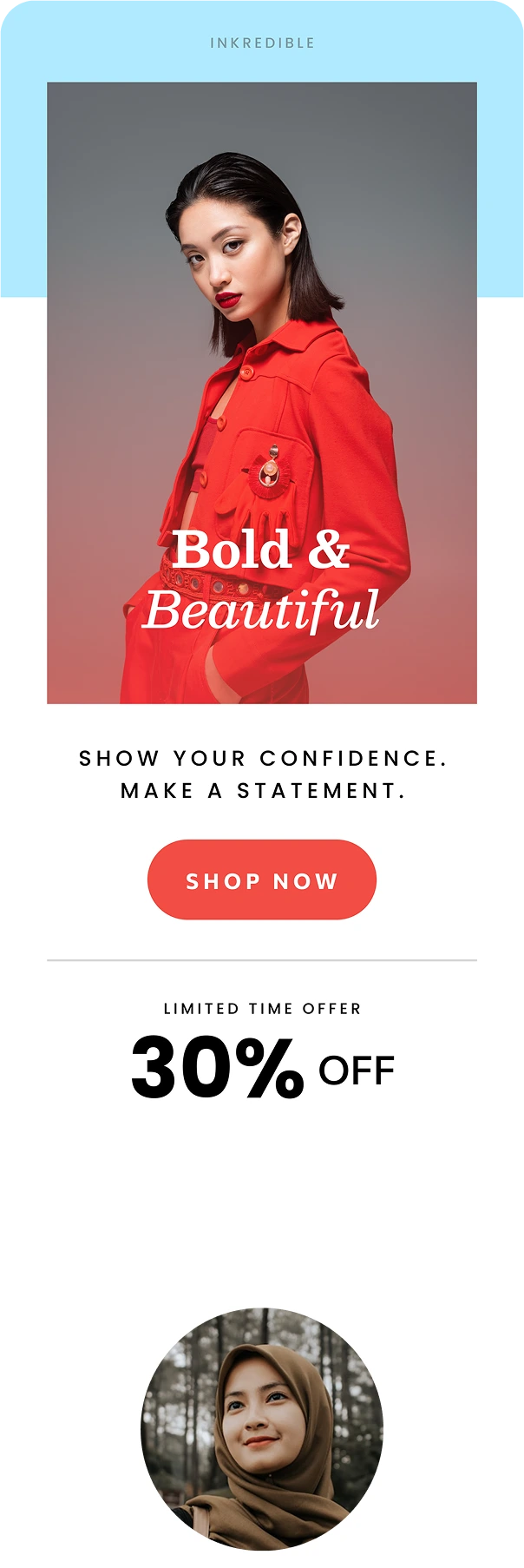 Fashion model wearing a bold red outfit with red lipstick, promoting a 30% off limited-time sale.