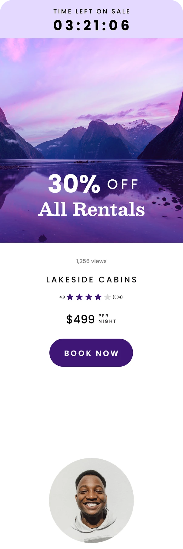 Lakeside cabins rental ad with a 30% off sale countdown set against a purple-hued mountain lake at sunset, showing a 4.9-star rating and $499 per night price.