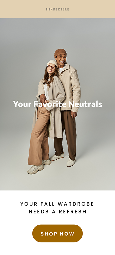 Smiling man and woman dressed in neutral-toned fall outfits standing together against a gray background, promoting fall wardrobe refresh.