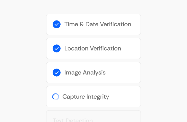 A list of the following test that are completed: time & date verification, location verification, image analysis, and text detection.