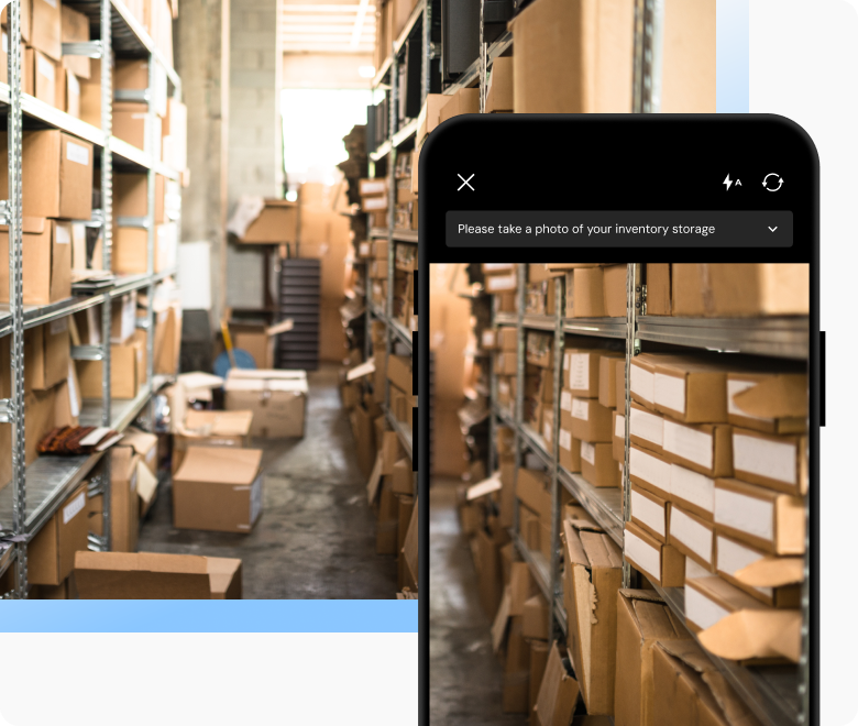 Mobile camera capturing shelves with boxes inside of a business.