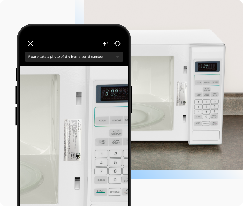 Mobile camera capturing an opened microwave.