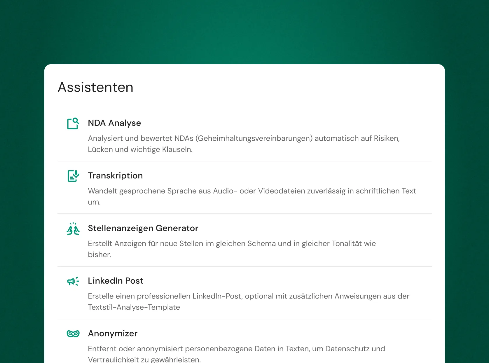 Darstellung der nutzbaren Assistenten der kamium Plattform