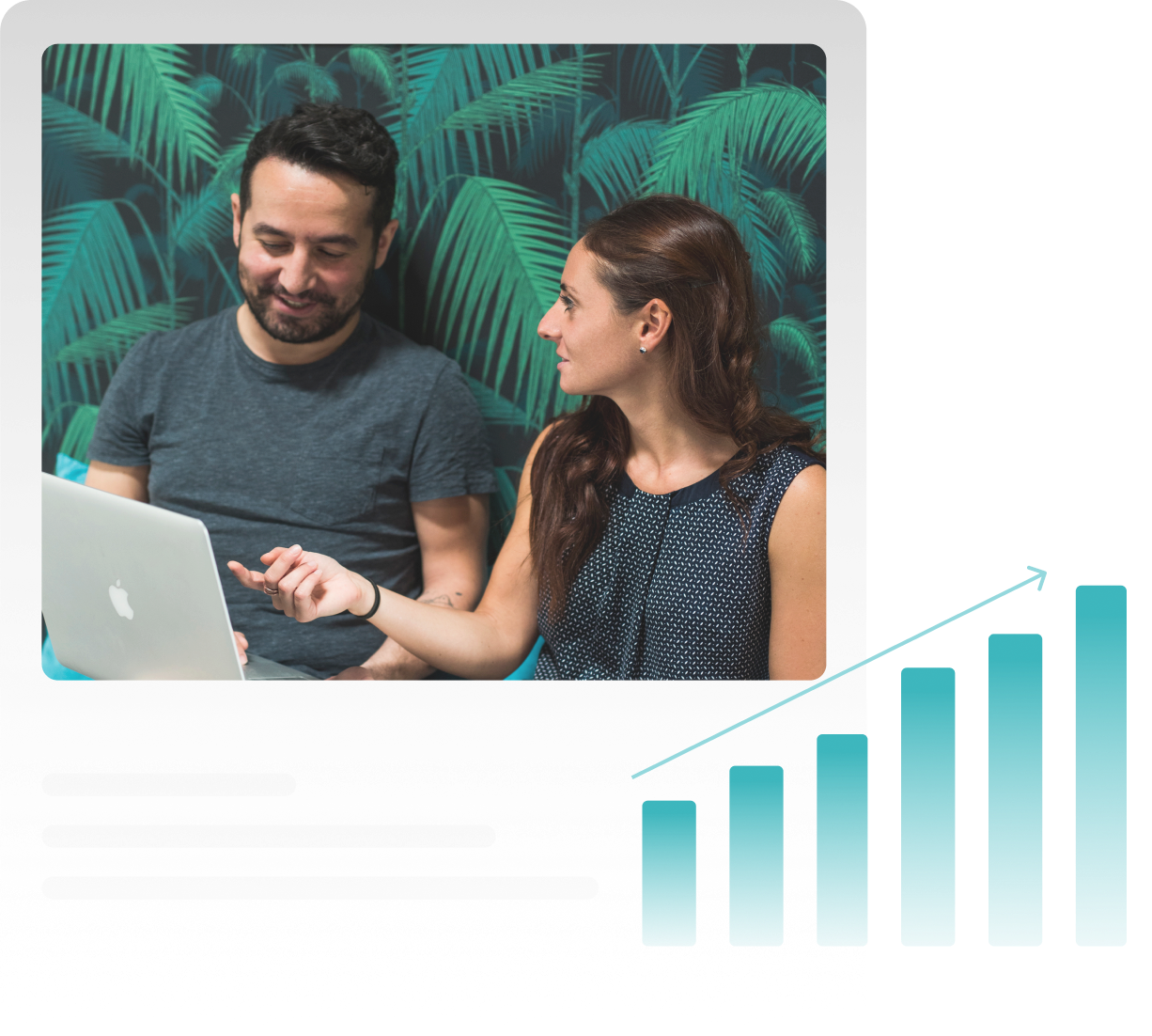 A man and a woman sitting in front of a laptop with a graphic of a laptop and a dollar sign.
