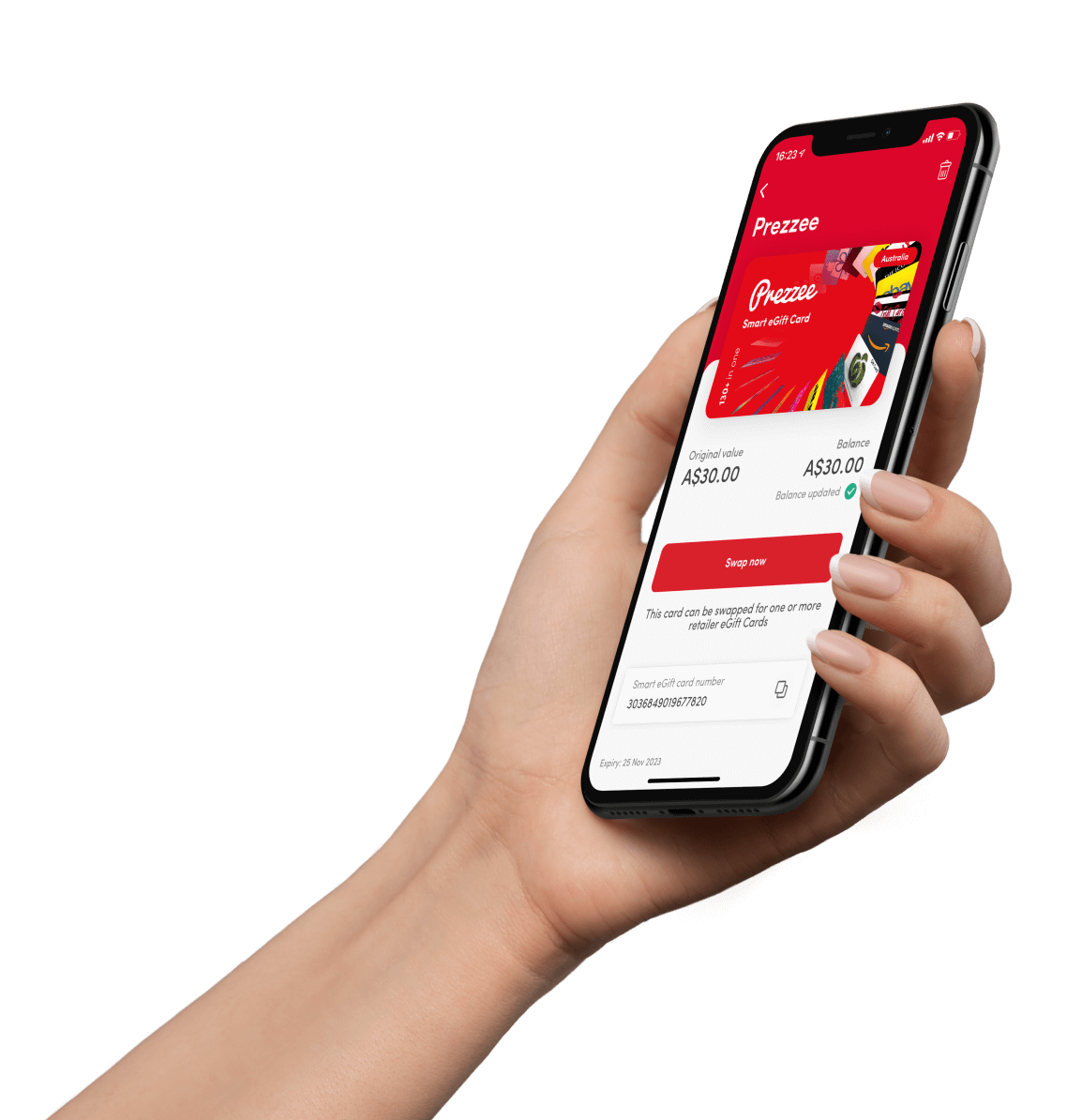 A hand holds a smartphone displaying the Prezzee app with a $30 Prezzee Smart eGift Card on the screen, showing balance and swap options.