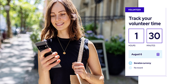 Smiling woman outdoors looking at her smartphone, alongside a graphic showing a volunteer time tracker with 1 hour and 30 minutes logged.