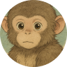 Close-up illustration of a young chimpanzee with a neutral expression on a green circular background.