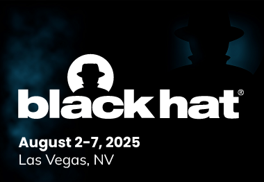 Black Hat 2025 event card with silhouette of a person wearing a fedora, event dates August 2-7, 2025, in Las Vegas, NV.
