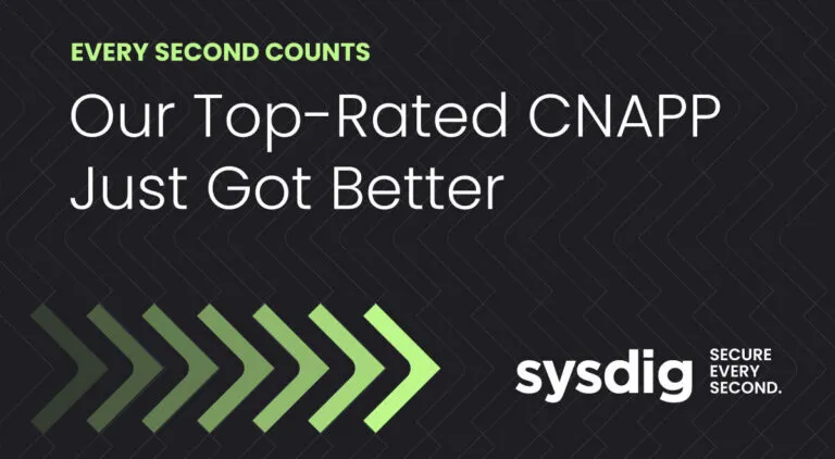 Black banner with text 'Every Second Counts Our Top-Rated CNAPP Just Got Better' and Sysdig logo with tagline 'Secure Every Second'.