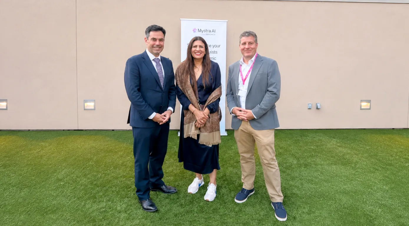 Steve Bates OBE FMedSci, an event attendee, and Genomics President David Thornton at the Genomics and Mystra AI reception during BIO 2026 in San Diego.