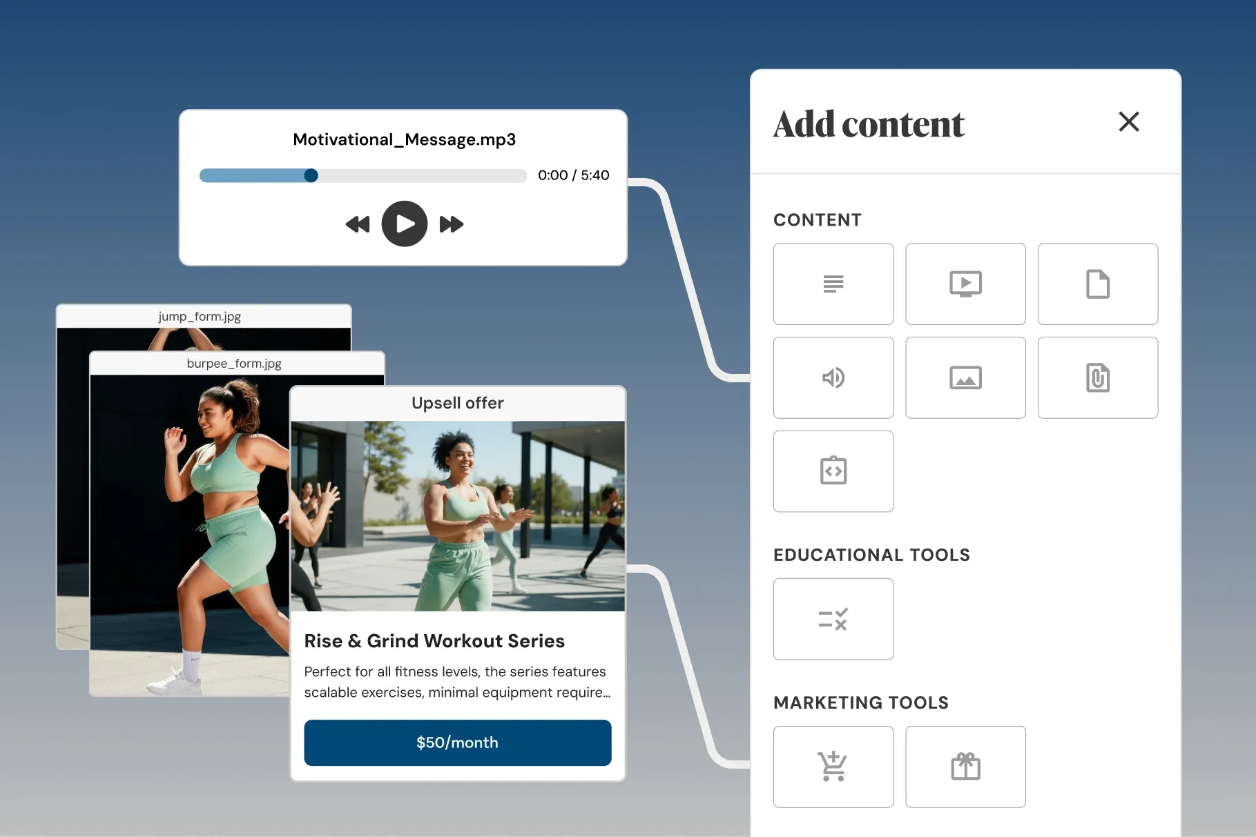 Interface showing adding fitness content: workout images, audio message, and an upsell offer for $50/month.