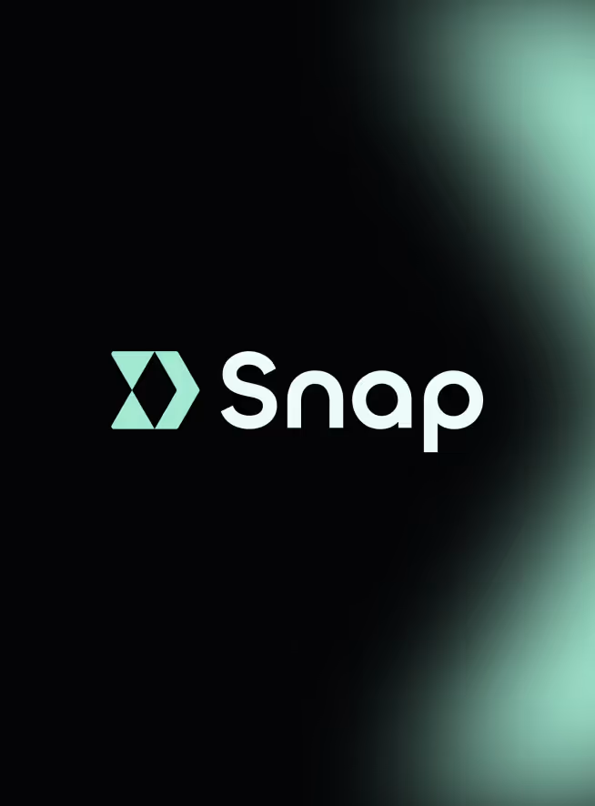 Snap logo with stylized geometric icon and text on a black background with green light effects.