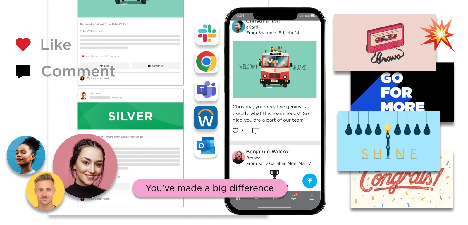Screenshot of an employee recognition platform showing eCards, comments, awards, profile pictures, and motivational images like 'Go For More' and 'Shine'.