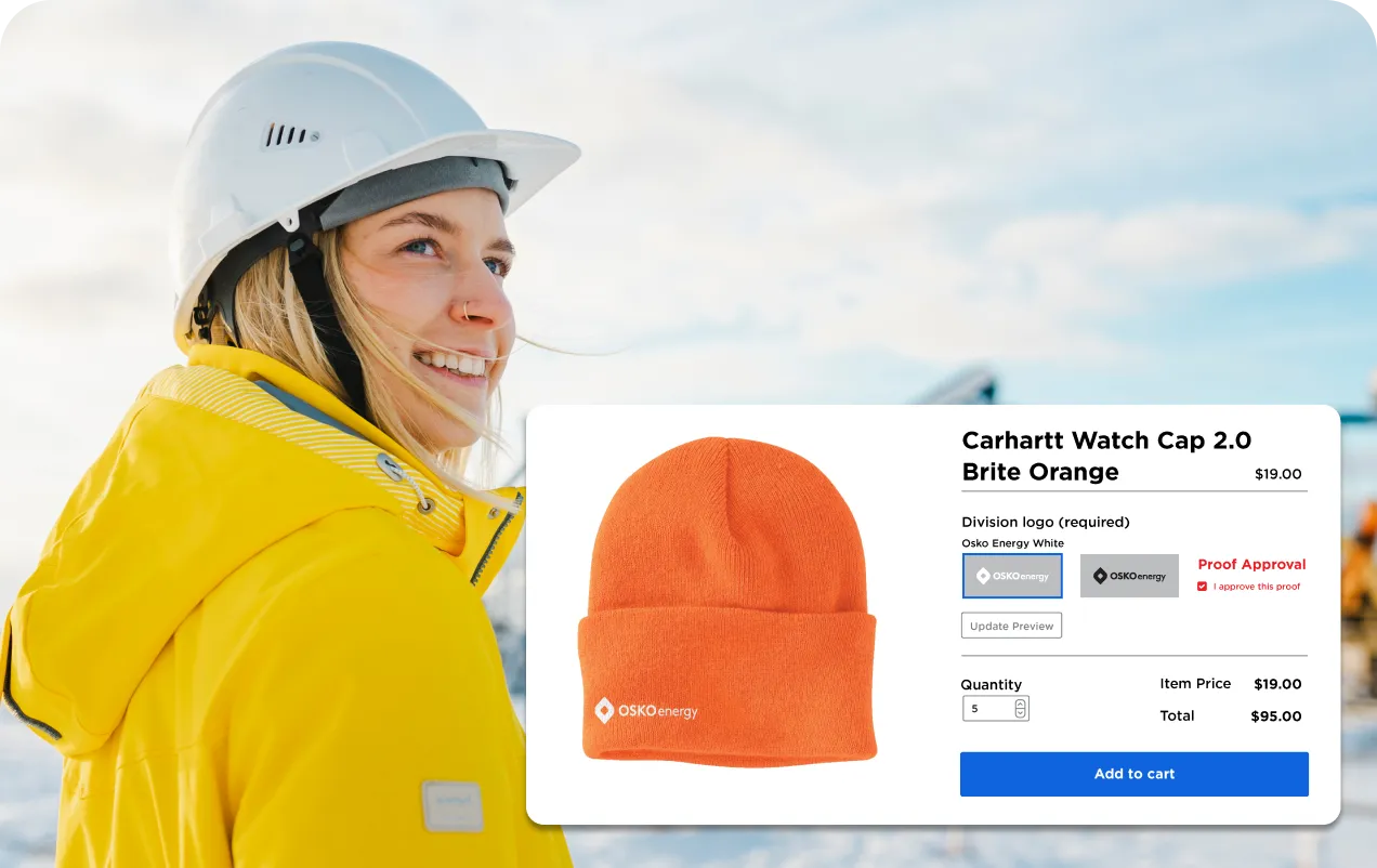 Smiling woman in a yellow jacket and white hard hat stands outdoors beside a product order form for an orange Carhartt watch cap with Osko Energy logo, showing quantity and price details.