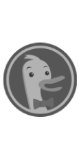 Cartoon duck wearing a bow tie inside a round border on a gray background.