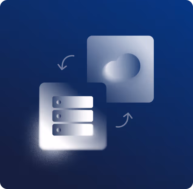 Abstract icons representing data transfer between a server and a cloud on a dark blue background.