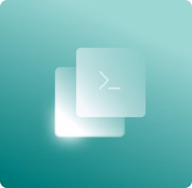 Two overlapping translucent squares on a teal gradient background, one displaying a terminal command prompt icon.