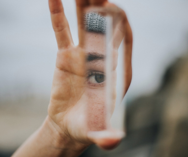 A view of an eye through a prism