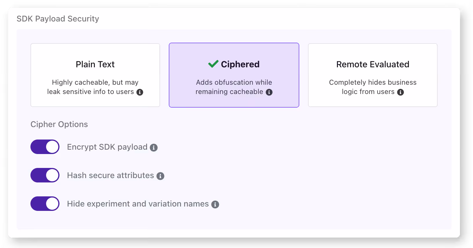 SDK payload security settings GrowthBook product screenshot. Ciphered options turned on.