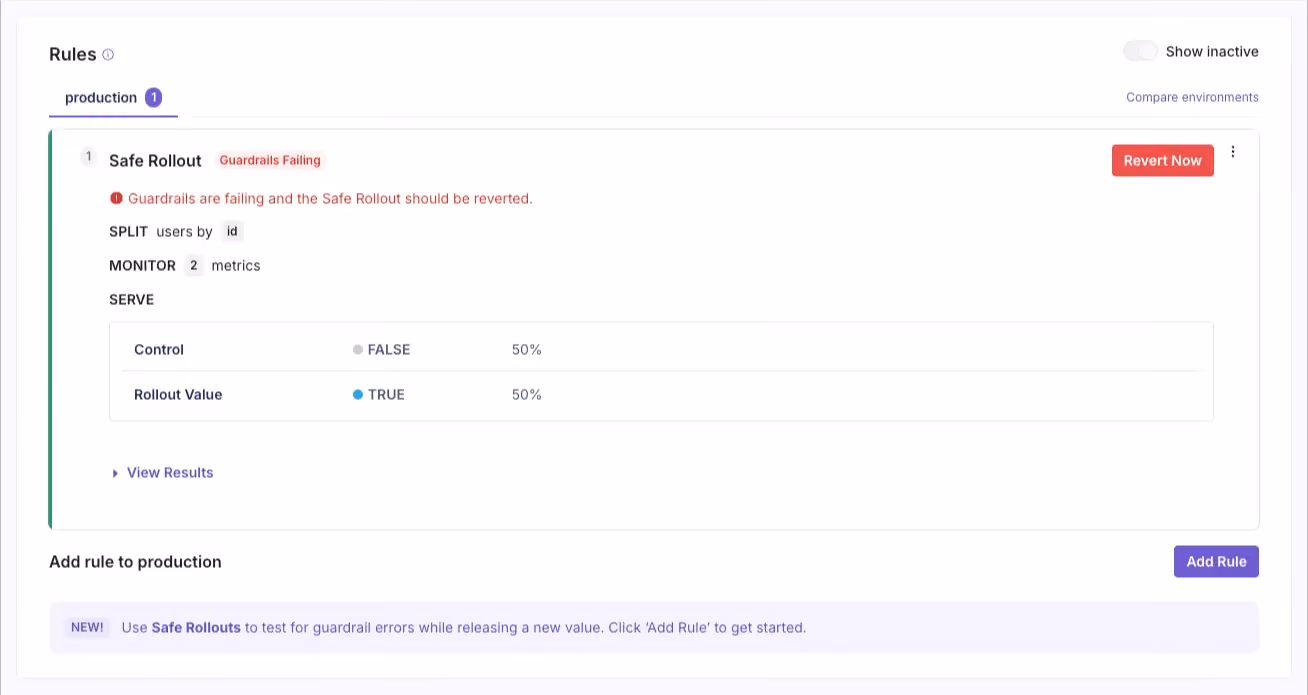 GrowthBook Safe Rollout showing guardrails failing status and Revert Now button with split metrics monitored in production — feature flags CI/CD