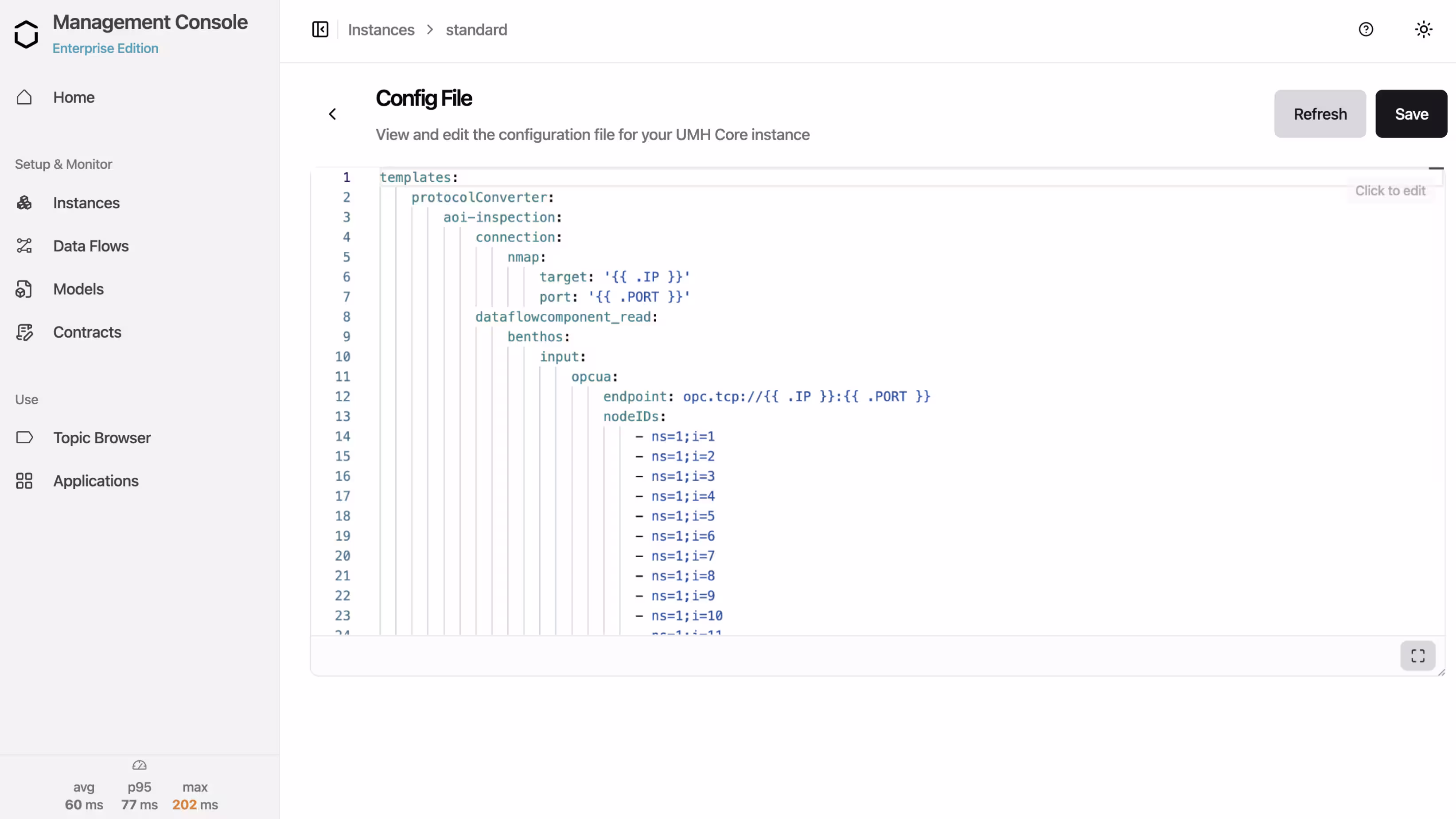 UMH Core configuration in the Management Console: an OPC UA protocol converter template with node IDs and a data flow, edited as YAML with versioned templates