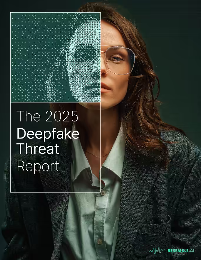Portrait of a woman wearing glasses and a blazer with half her face pixelated, titled 'The 2025 Deepfake Threat Report.'