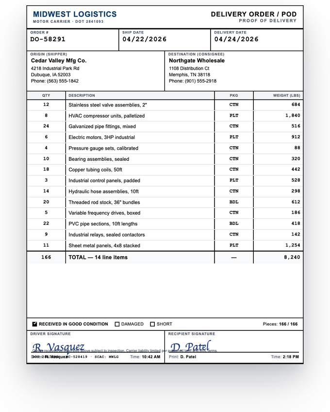 Delivery order and proof of delivery document — sample extracted by Sensible