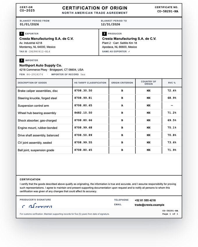 Certificate of origin document — sample extracted by Sensible