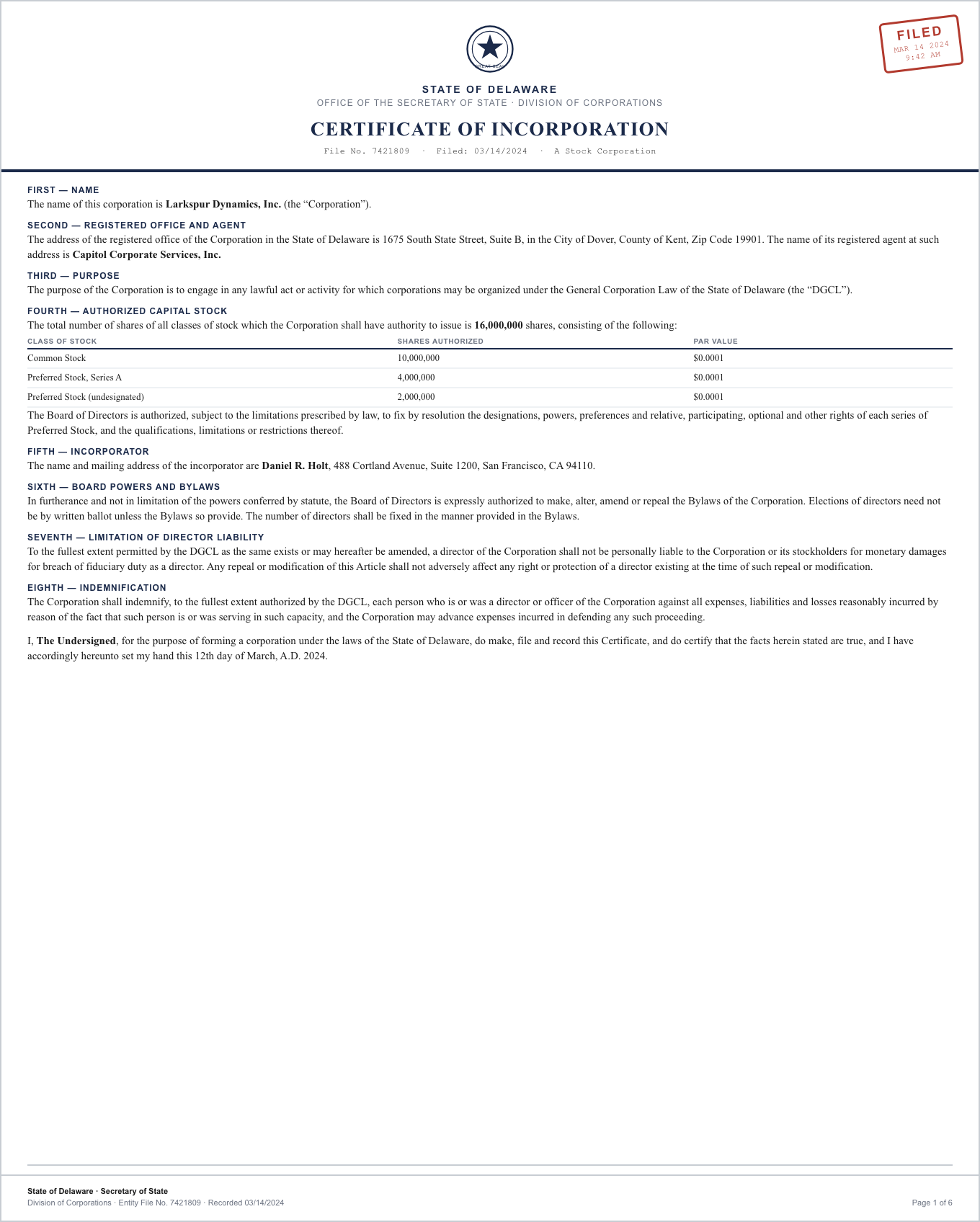 Articles of incorporation — sample extracted by Sensible