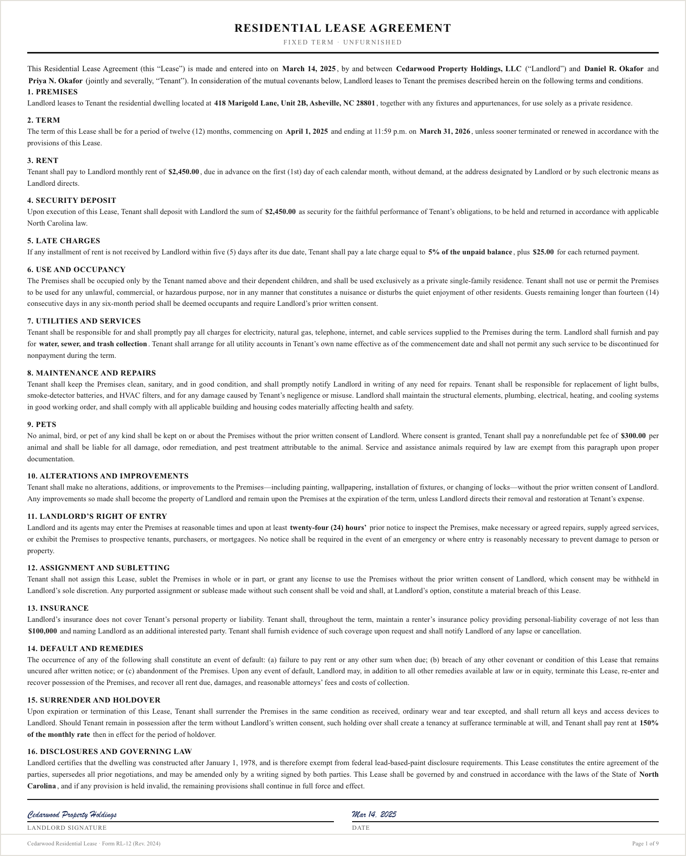 Residential lease agreement — sample extracted by Sensible