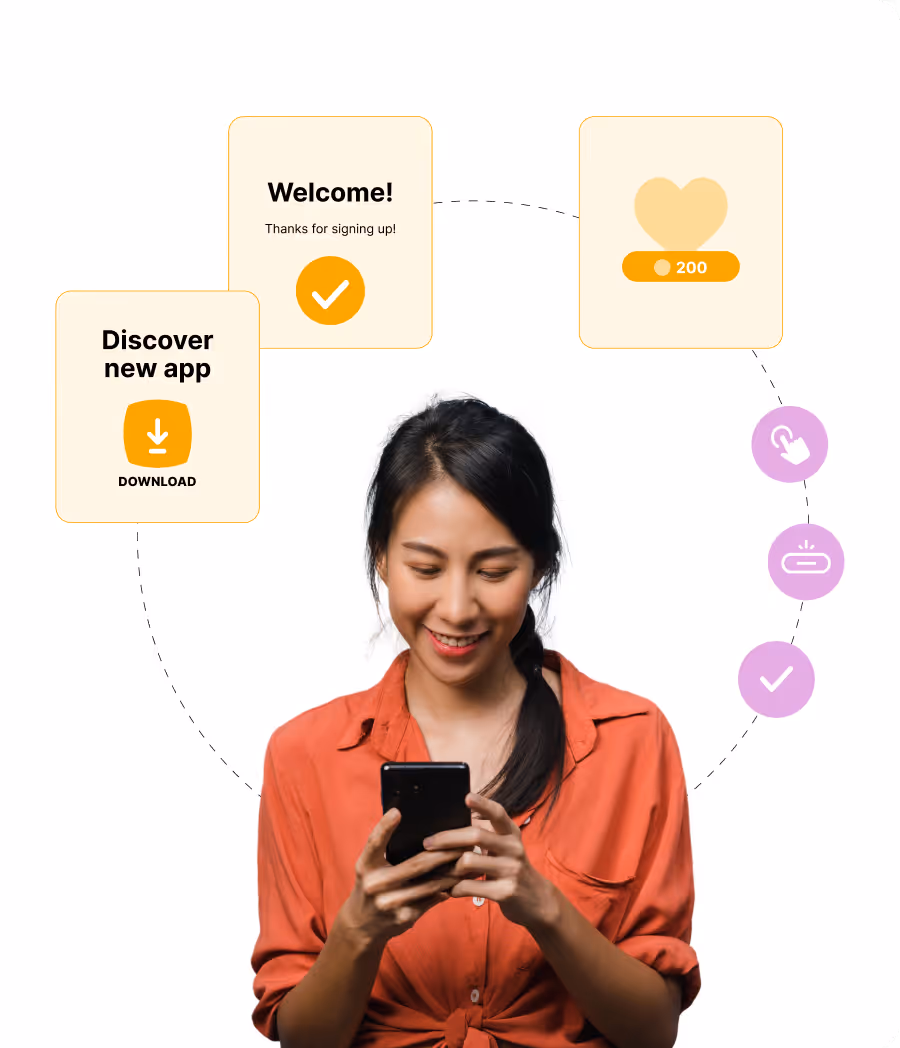 Smiling woman in orange shirt using phone with app-related icons and welcome message around her.