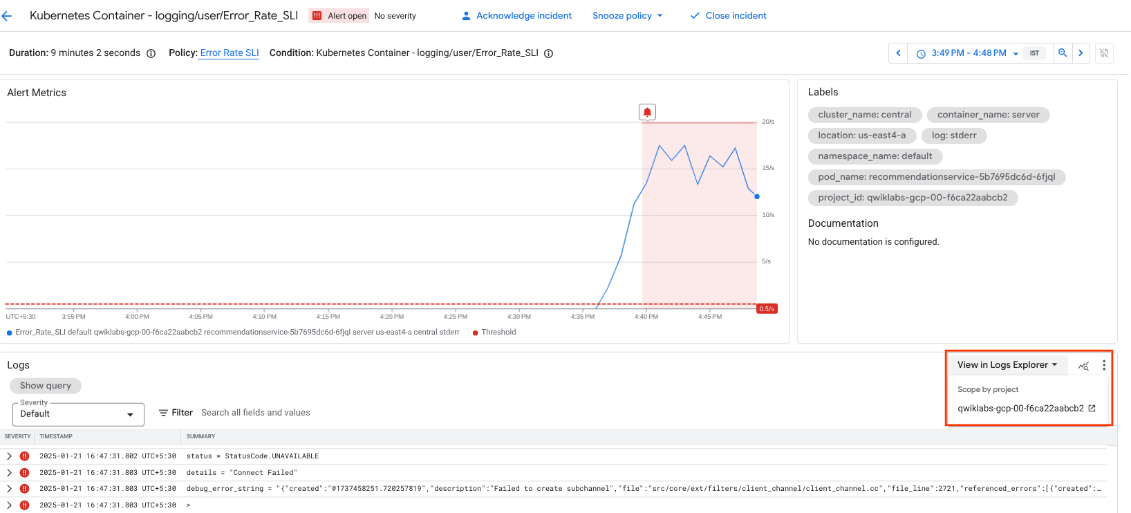 The Incident metrics page displaying the highlighted View logs button