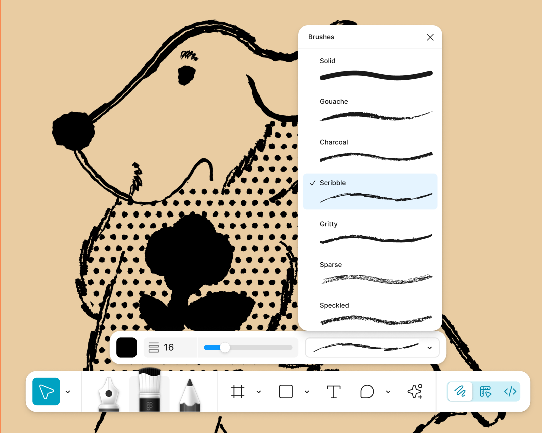 a dog illustration using multiple brush types and an interface to select hovering over