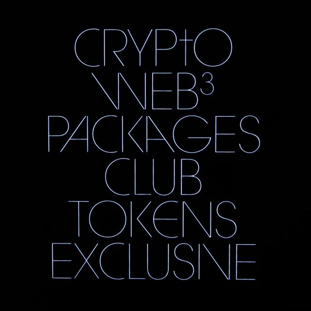 Type layouts for CPG (Crypto Packaged Goods). Text reads: Crypto, Web3, Packages, Club, Tokens, Exclusive