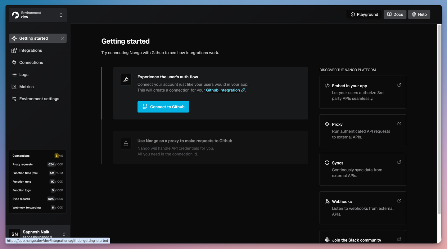 nango dashboard getting started